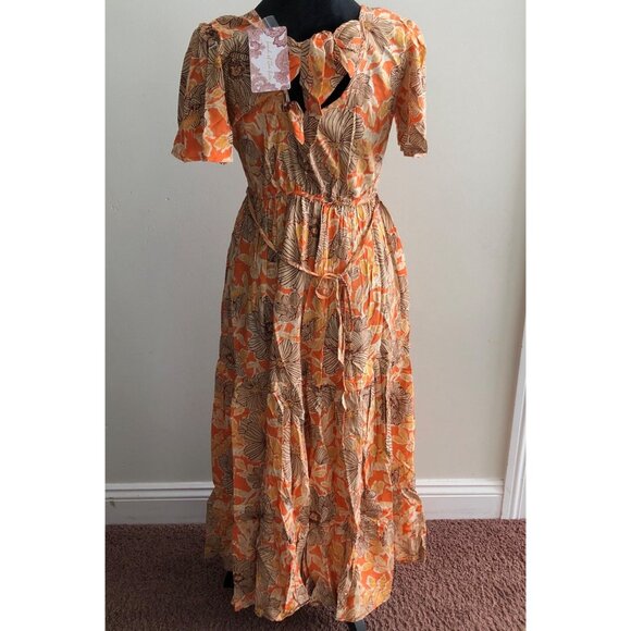 Land Of‎ The Free Floral Print Orange & Beige Maxi Dress With Cutout Size Small - Picture 9 of 9